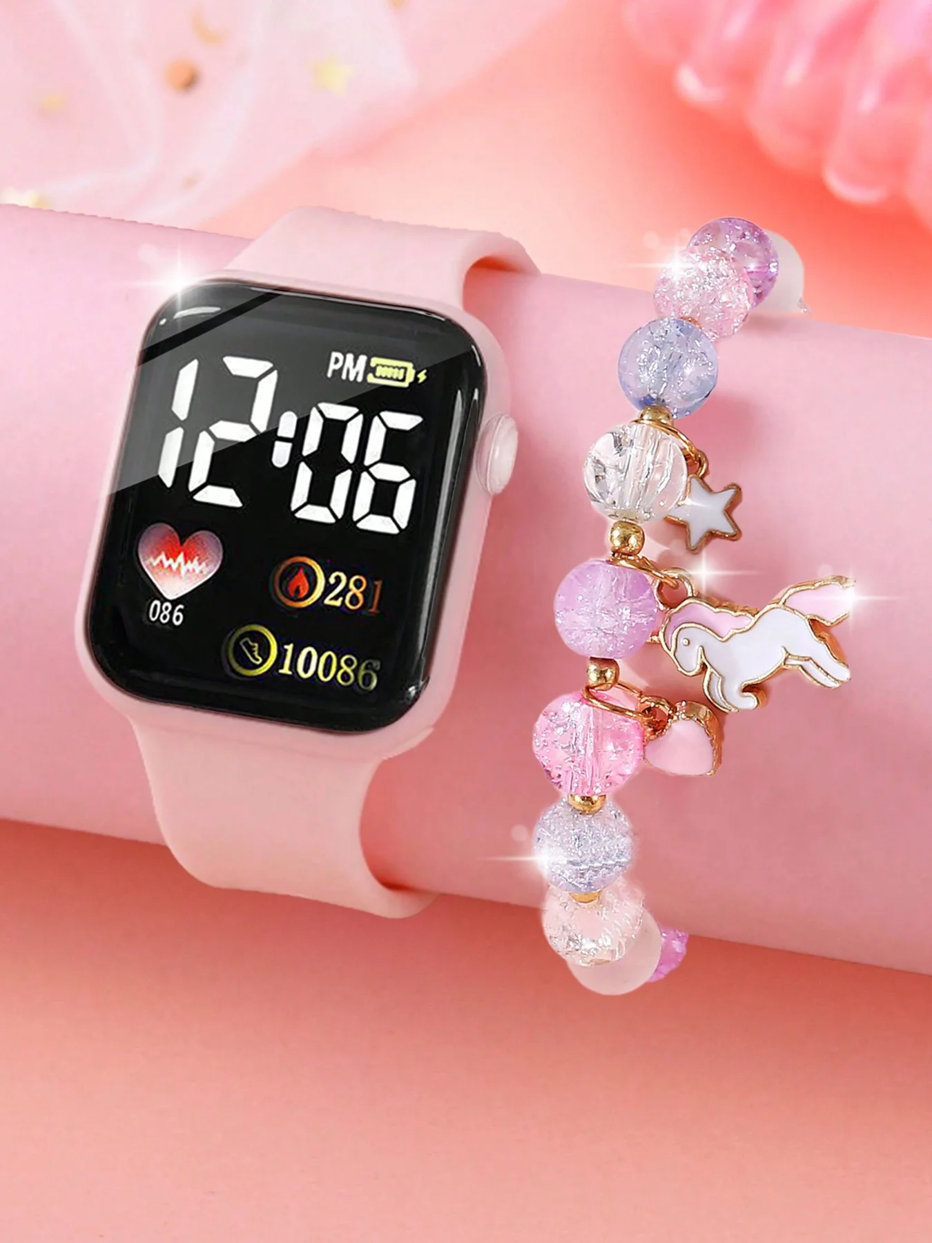 Leisure sports pink silicone rectangular women's electronic watch gift watch set for friends