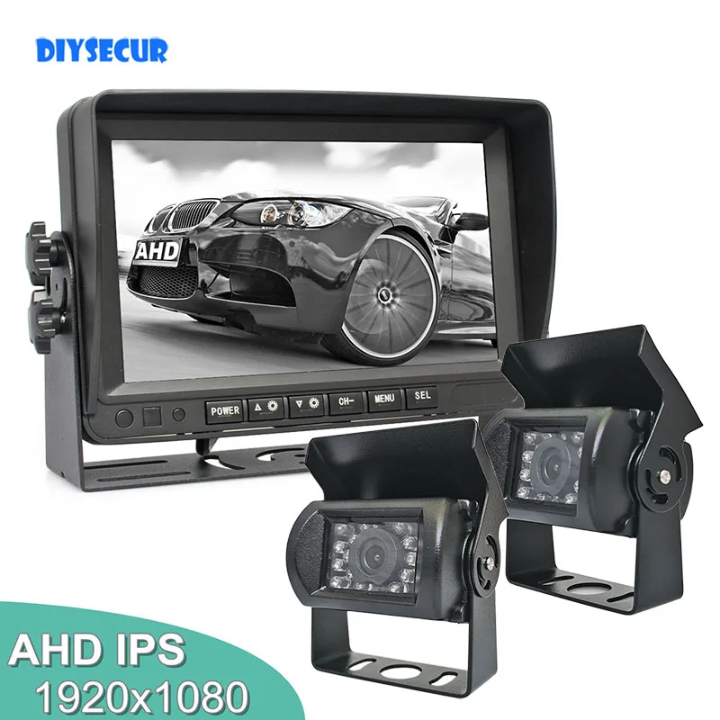 DIYSECUR 7inch AHD IPS HD Car Monitor Rear View Monitor 2 x Waterproof IR Night Vision 1080P AHD LED Camera 1V2