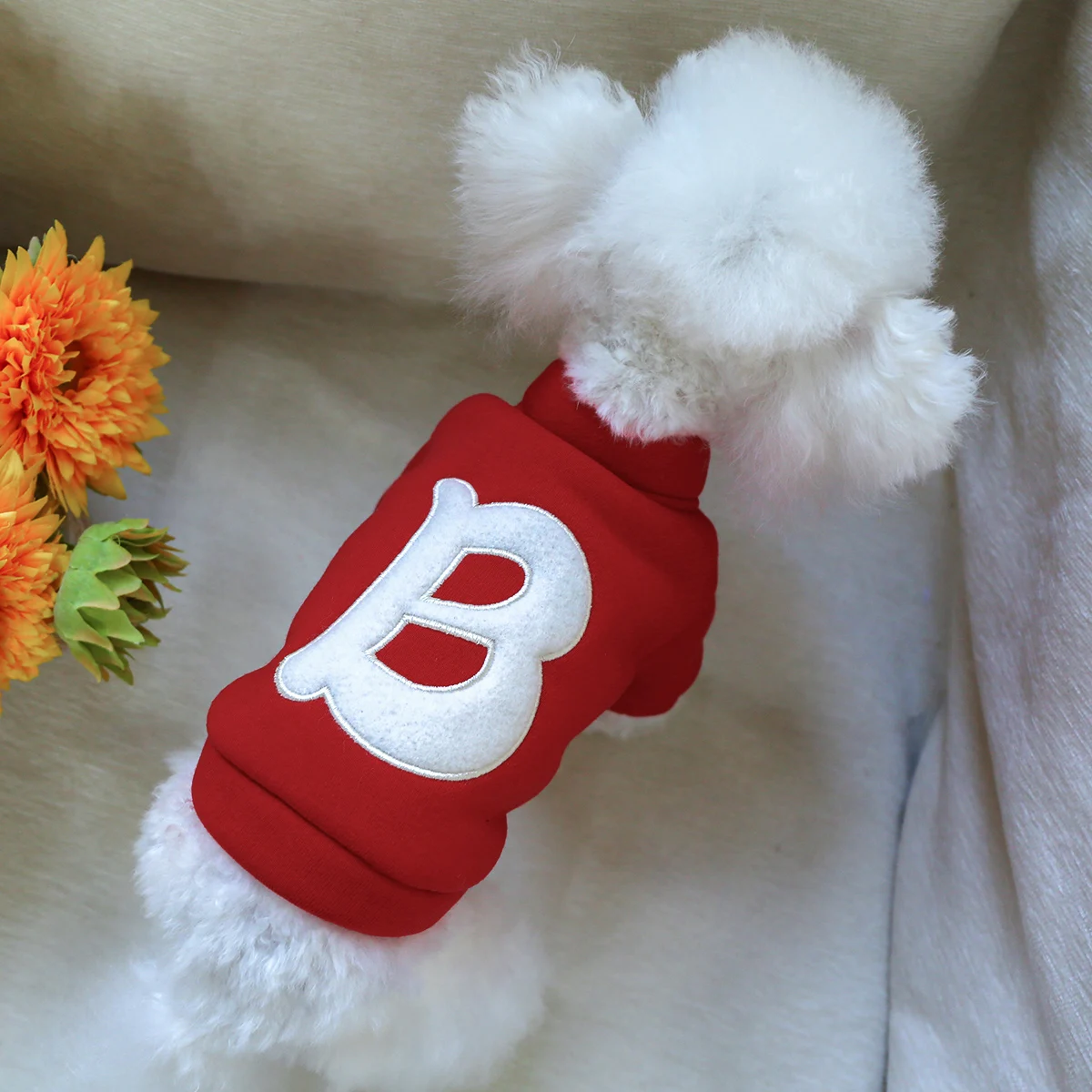 1PC pet clothing cat spring and autumn plush thickened red letter B jacket suitable for small and medium-sized dogs