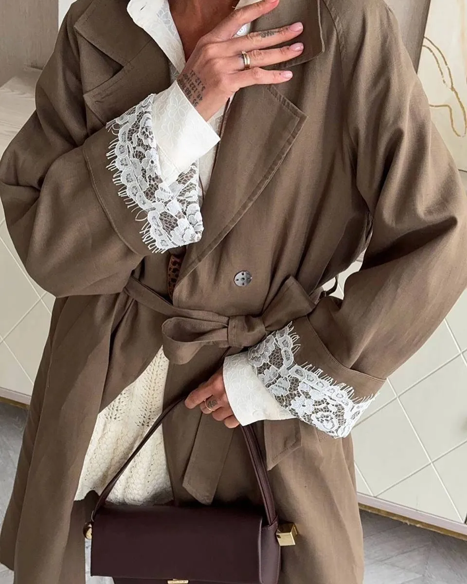 Lapel Long Trench Coat Women Open Front Self Belt Waist Cuff Contrast Printed Liner Loose Windbreaker Autumn Street Outer Coat