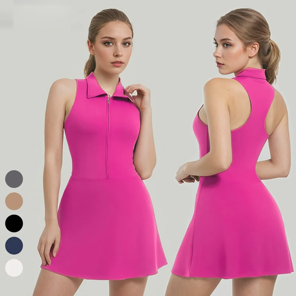 Lapel With Zipper Yoga One-Piece Tennis Dress Slimming High-Waisted Anti-Glare Sportswear Fitness One-Piece Dress