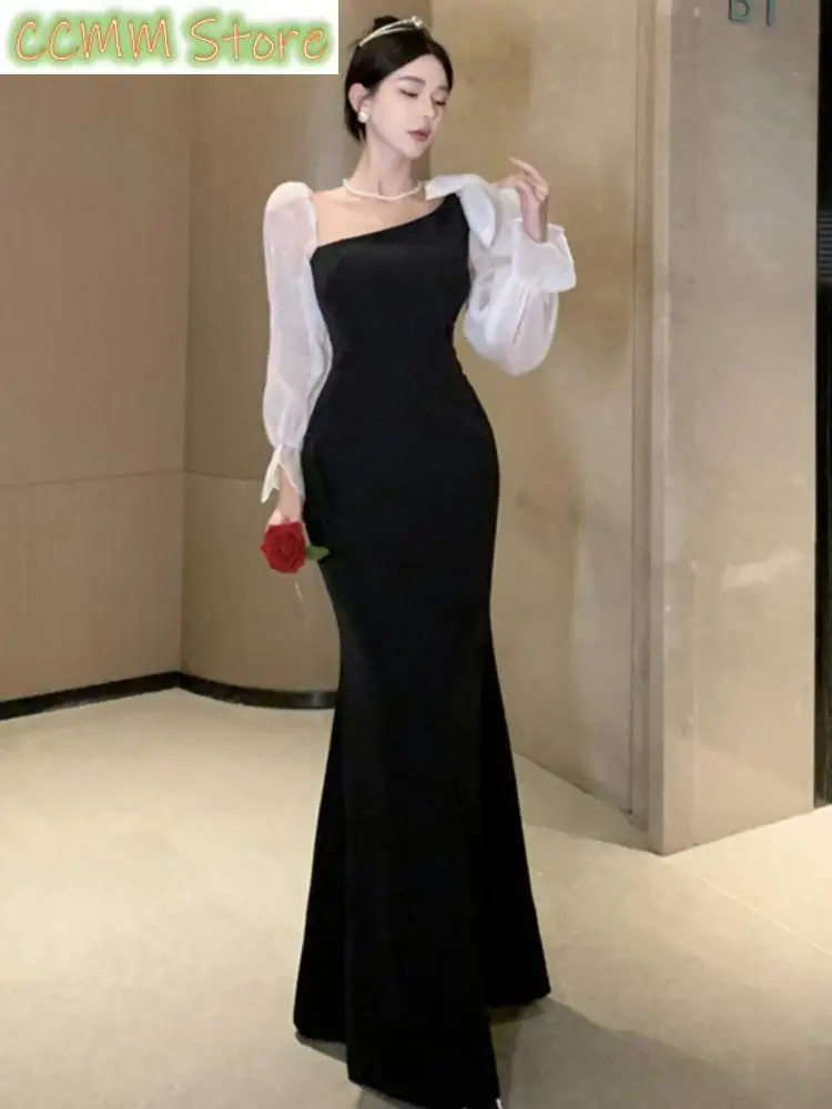 New France Elegant Patchwork Mermaid Long Dress Women Fashion Black Evening Party Vintage Dresses Spring Summer Bodycon Clothing