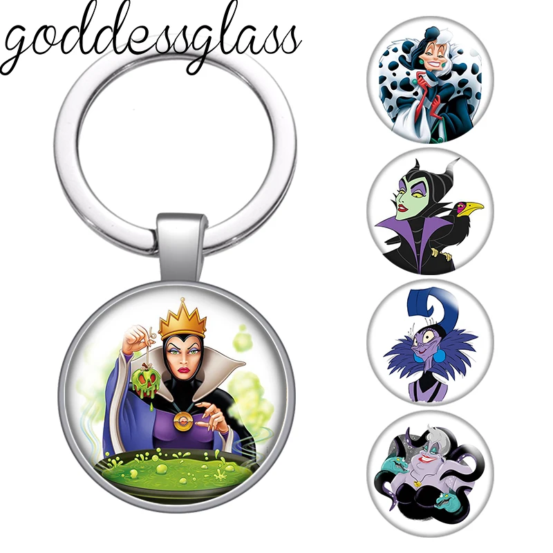 LLavero de cabujón de cristal con foto de personajes malvados de Disney, Reina Malvada Vanessa, bolso, llavero de coche, soporte de anillo, llaveros de regalo