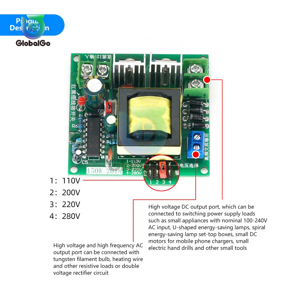 150W DC-AC Converter Booster Module 12V to 110V 200V 220V 280V High-Power Household Battery Inverter Boost Board Transformer