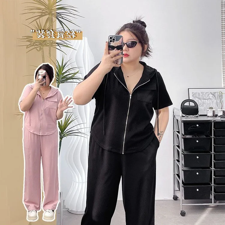 

plus Size 300 Pou Faionable Pure Color Matching Set with Zipper High Waist Wide Leg Pants Casual Comfortable plus Size W...