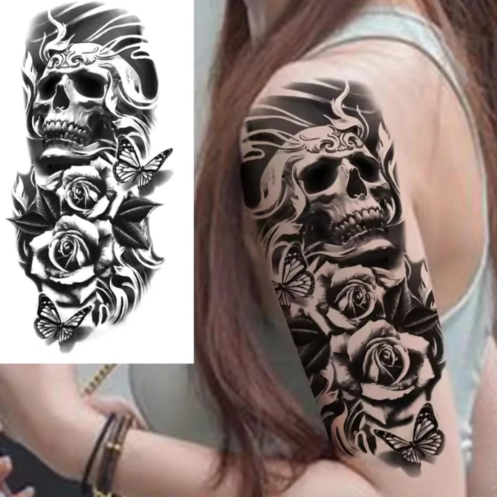 12 Sheets Temporary Tattoo for Men Women Adults,   Halloween Tattoos Scary Lion Tiger Skull Skeleton Tattoos Stickers