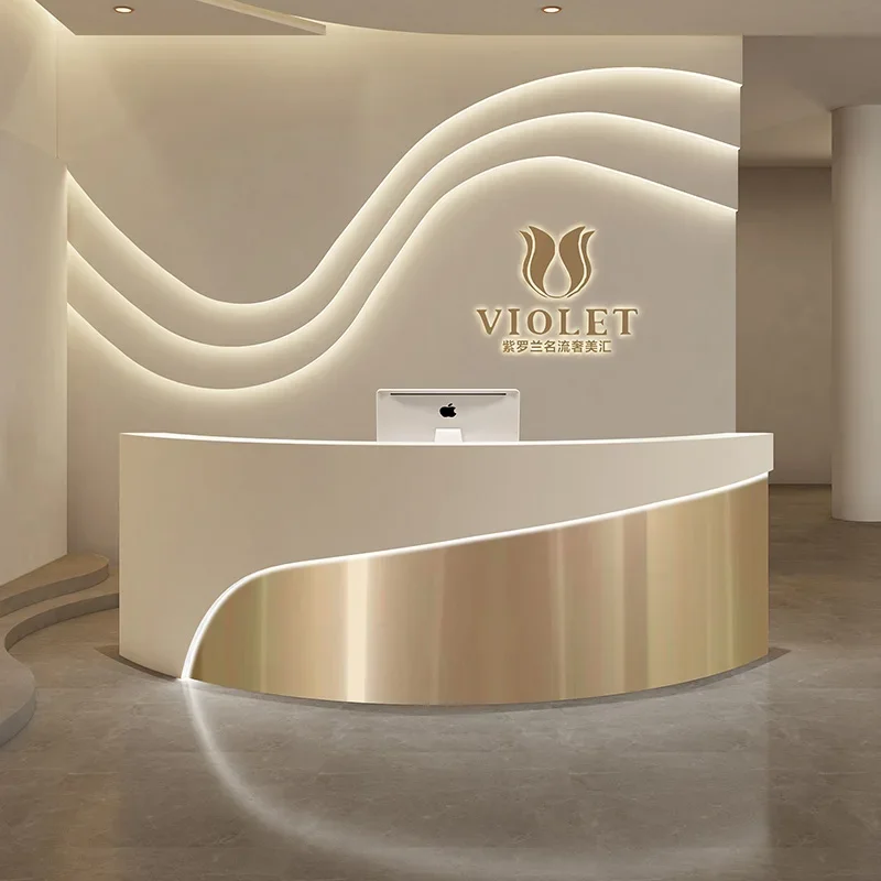 

Aesthetic Center Decor Salon Reception Desk Bureau Gold Floaoting Shelf Grocery Store Counter Recepcion Mostrador Table