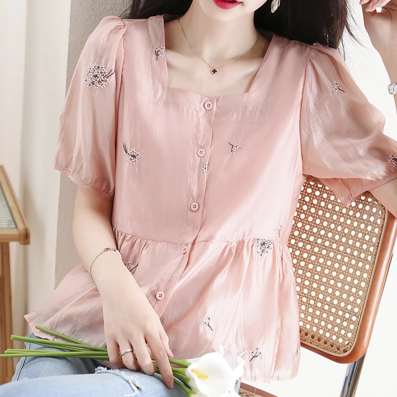 

Vintage Square Collar Short-Sleeved Shirt Women's Summer Embroidery Floral Slim Waist Shirt Sweet Temperament Top Blouse S-XXL