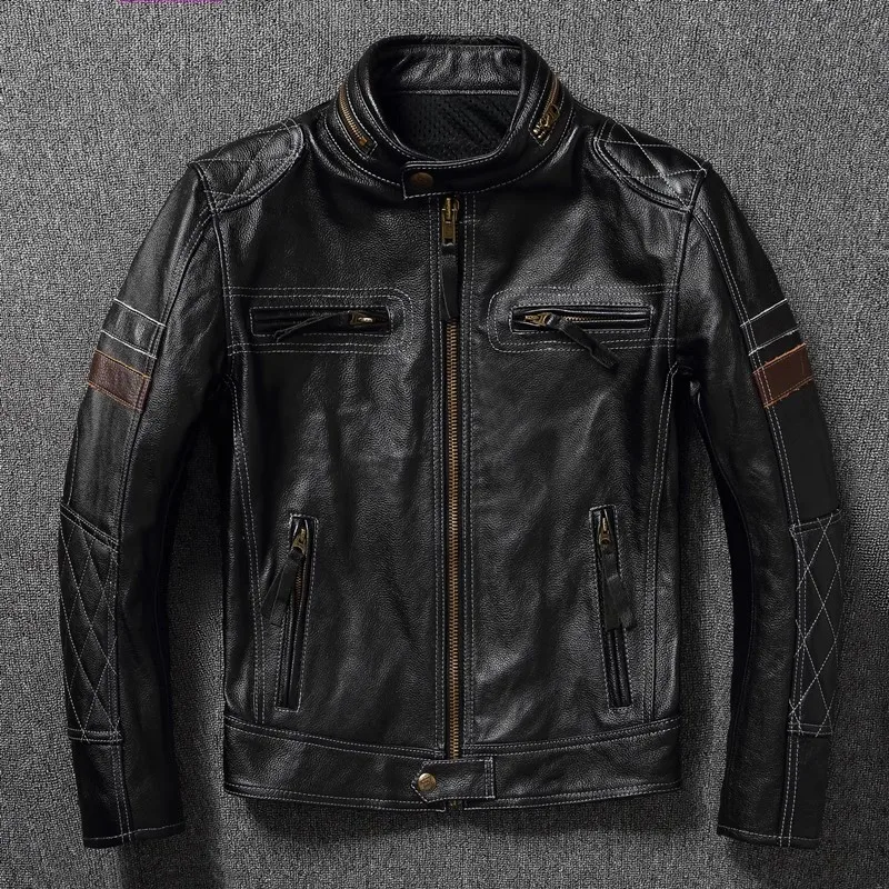 2024 Autumn Winter Cowhide Leather Jacket Men Stand Collar Motorcycle Tough Guy Riding Jacket Can Be Added Protective Jackets