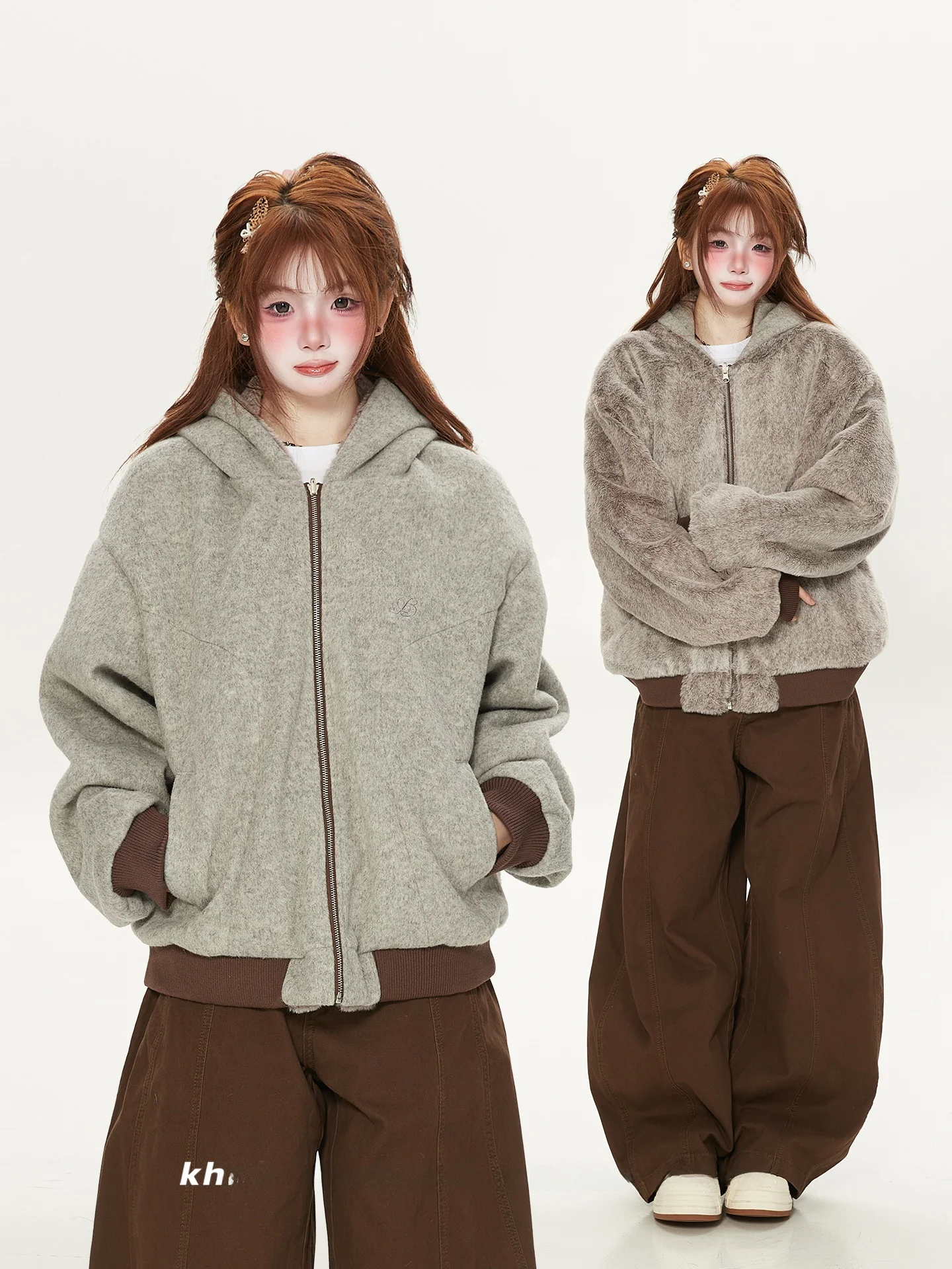 

American Retro Double-Sided Wear Hat Coat Thiened Fluffy Cotton Jaet Women's Winter Warm Fce-Lined Woolen Cloth Outerwear