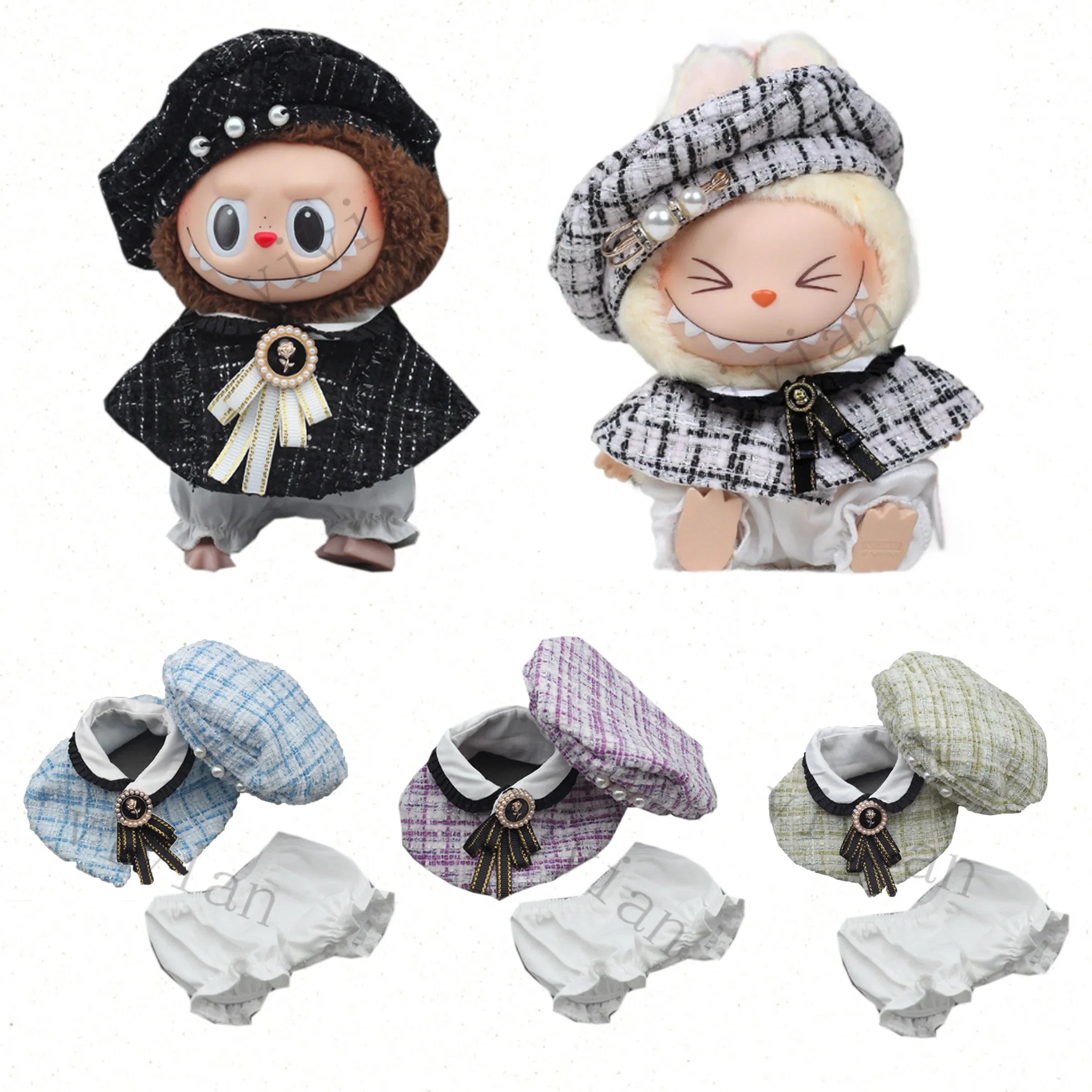 Mini Doll'S Clothes Outfit Accessories For Korea Kpop Exo 15-17cm Labubu Classic Grid Style Dress Cloak Set Beret Clothing Gift