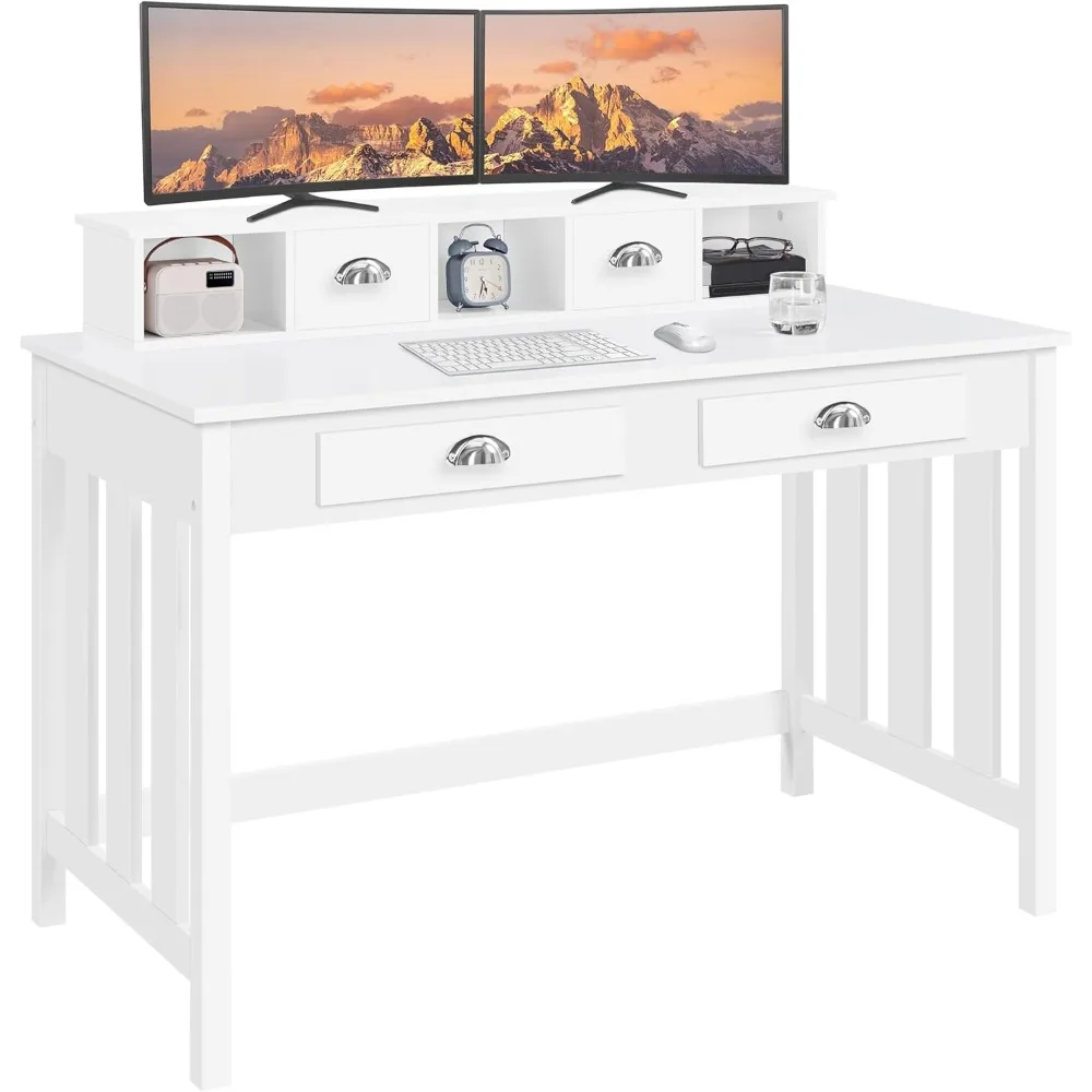 

47 Inch Large Computer Desk, White Home Office Workstation with 4 Storage Drawers, Modern PC Work Table 23 Deep with Monitor St