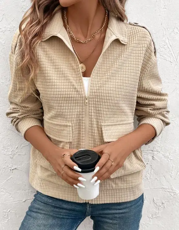 

Casual Women's Jacket Spring and Autumn New Collection Solid Color Waffle Texture Flip Collar Long Sleeve Work Style Jacket
