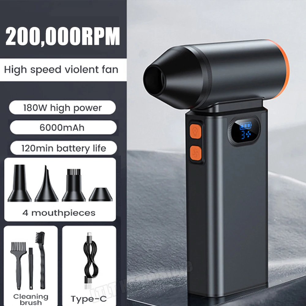 200000RPM Mini Turbo Jet Fan Brushless Motor 180W Wind Force 4-Speed Modes Handheld Duct Fan Portable Turbo Fan Type-C Charging