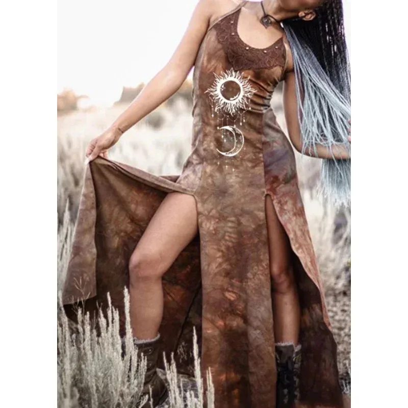 Abito Boho vintage da donna HIippie gotico medievale luna stampa sole scollo all'americana diviso maxi abito estivo costume da strega di loto ZZs;2,