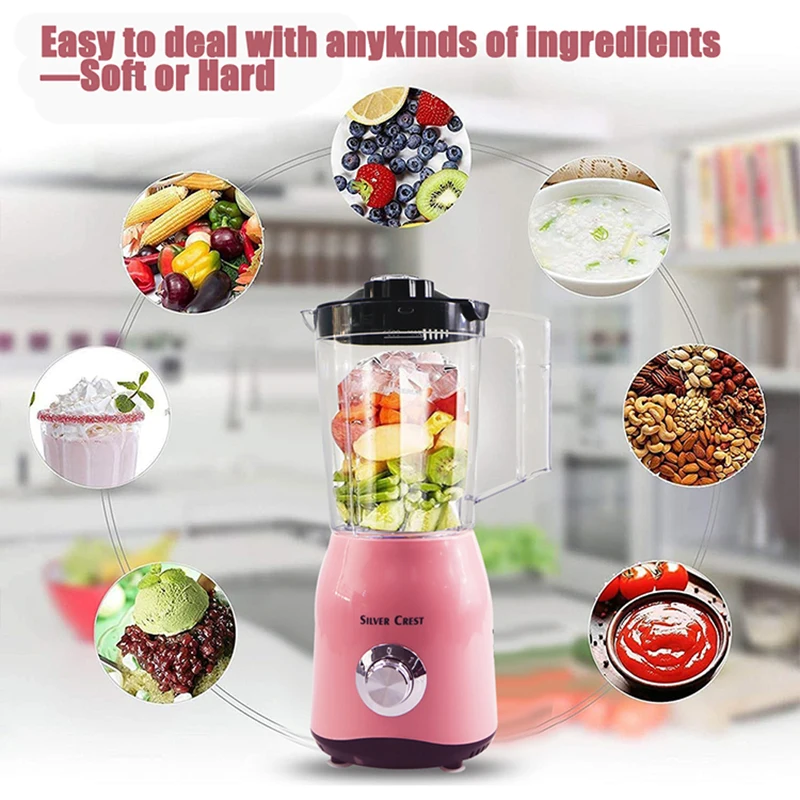 1.5L Electric Blender Pink Fruit Juicer Upgrade 1000W Shakes and Smoothies Blenders for Kitchen 2-Speed for Crushing Ice