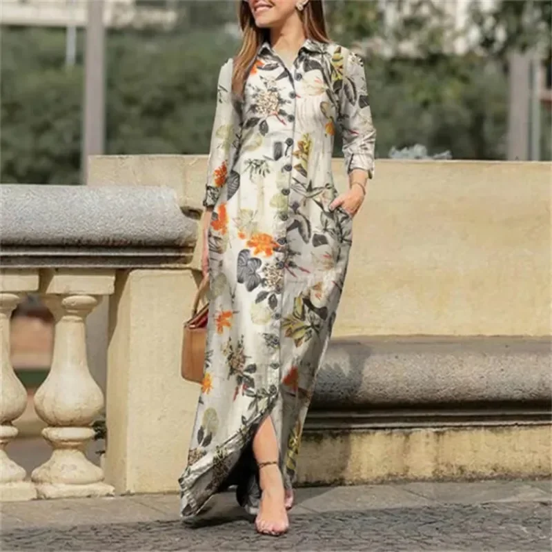 Women\'s holiday casual lapel long sleeved robe long floral printed cotton dress button up shirt long style