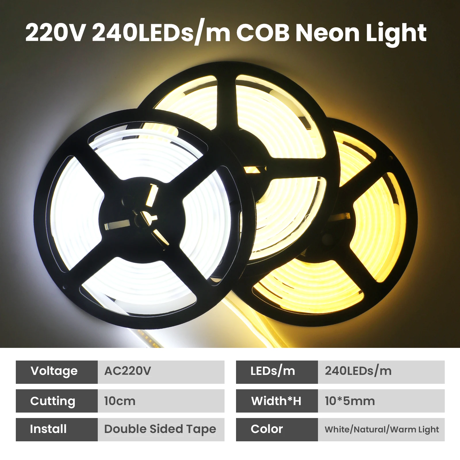 230V COB Strip LED Neon Light With IC 240LEDs/M IP65 Warm/Neutral/White FOB Flexible Adhesive Tape Ribbon Lamp 2Pin Wire EU Plug