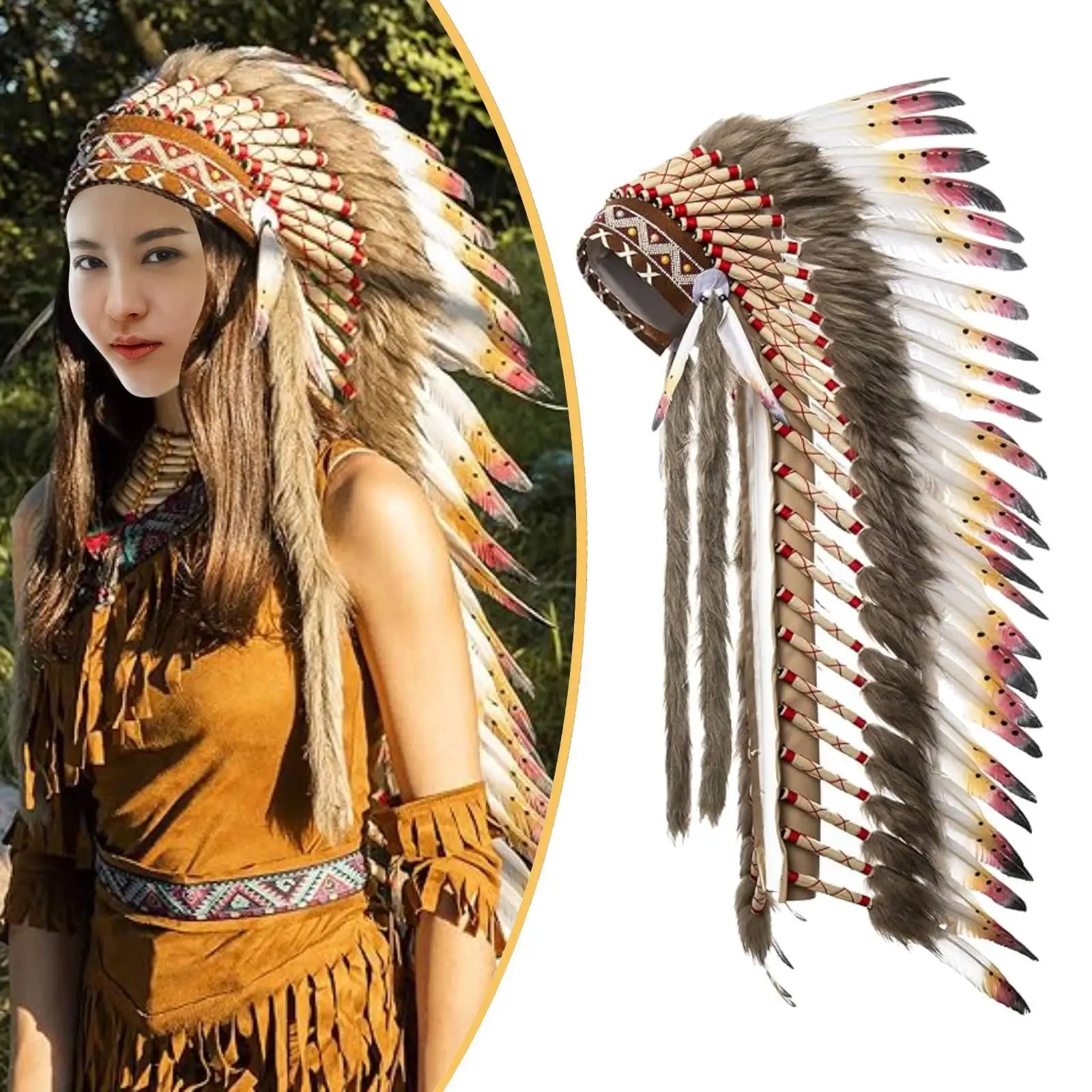Indian Feather Headdress Fancy Dress Chief Indian Hat for Carnival Performance