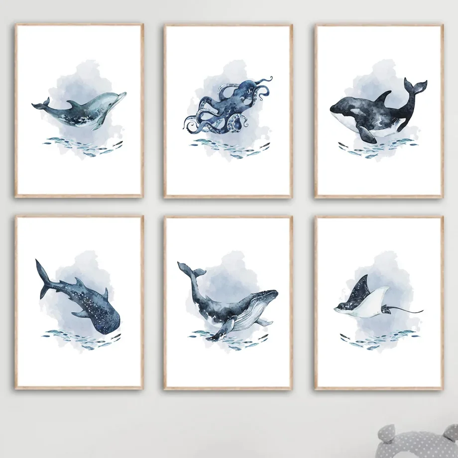 

Blue Watercolor Fish Art Canvas Painting Killer Whale Shark Dolphin Octopus Posters Prints Wall Pictures Kids Living Room Decor