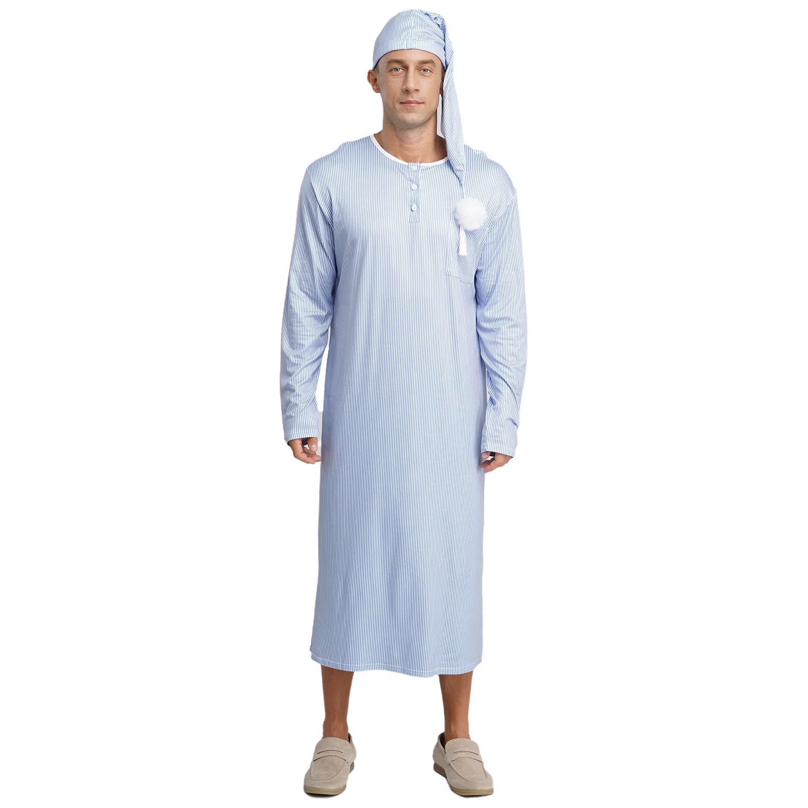 Męski szlafrok w paski z czapką, kompletny zestaw do spania, wygodny strój do wylegiwania się, odzież domowa na świąteczne noce.