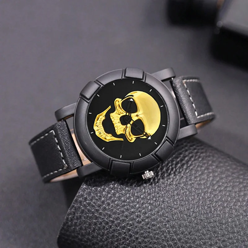 3PCS Luxury Mens Skull Watches Classic Men Business Leather Quartz Wristwatch Fashion Male Black Necklace Bracelet Watch