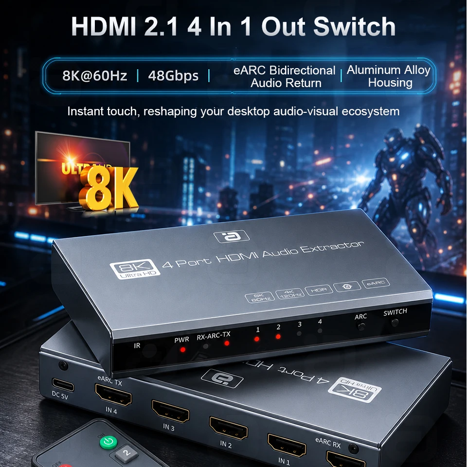 4 Ports 8K HDMI2.1 Switch 8K@60Hz 4K@120Hz,4 In 1 Out HD.MI Switch Selector Support 48Gbps HDR10+Dolby Vision/DTS HD eARC TX/RX