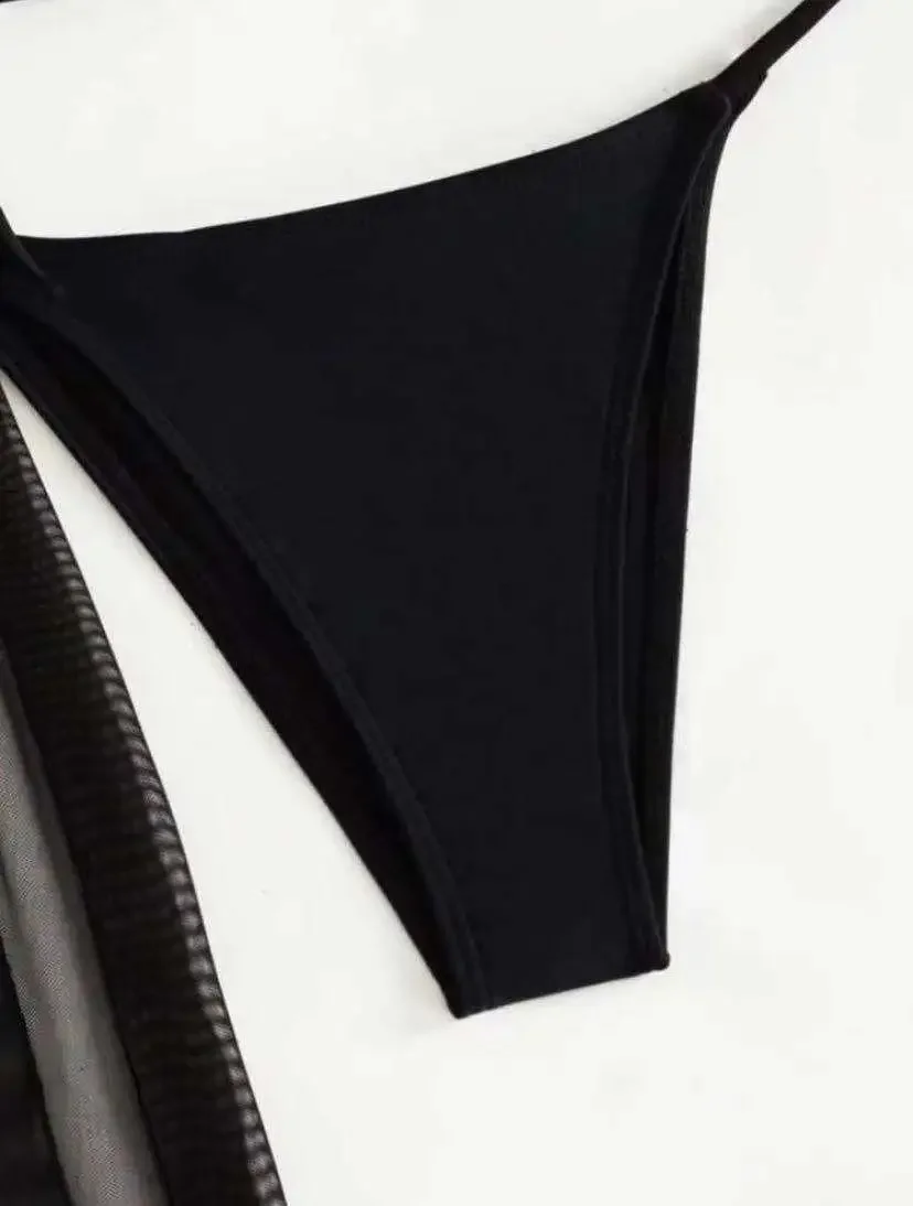 Bikini con Tanga de 3 piezas para mujer, traje de baño negro con vestido, traje de baño de banda para mujer, ropa de playa, traje de baño de verano 2025