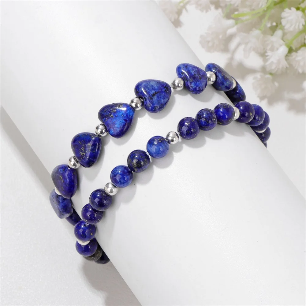 2Pcs Natural Stone Heart Round Beads Bracelet Lapis Lazuli Tiger Eye Malachite Beaded Bracelets For Women Men Friendship Jewelry