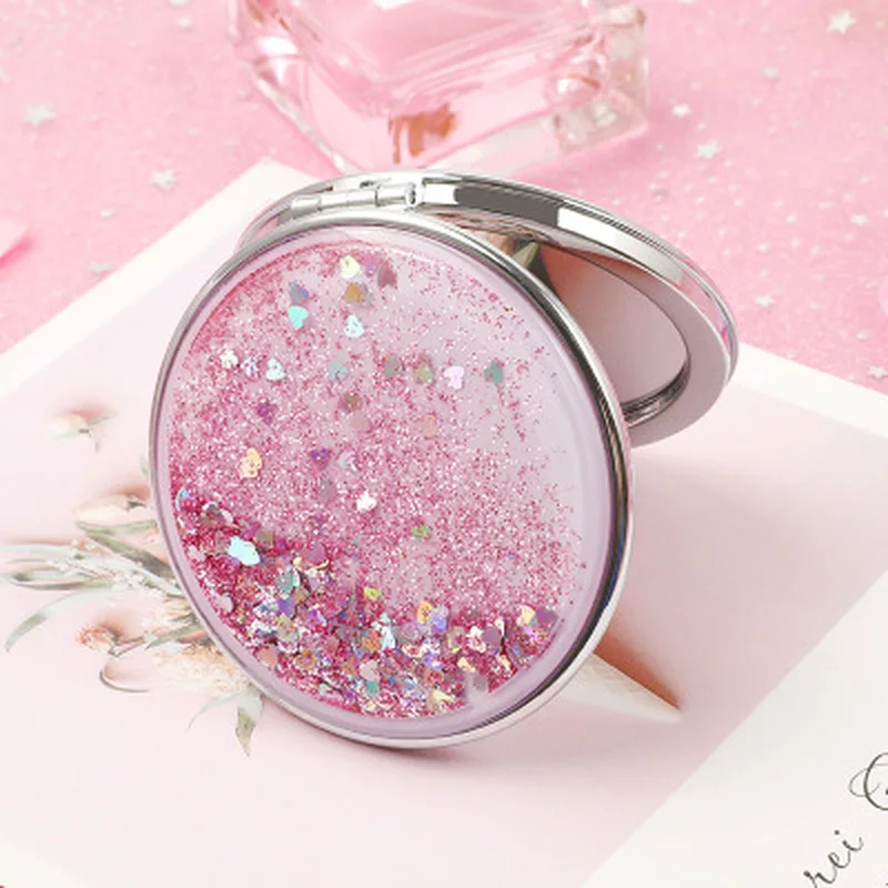 TSHOU734 Mini espejo de maquillaje de bolsillo de 2 caras, espejos compactos cosméticos creativos con arena brillante que fluye