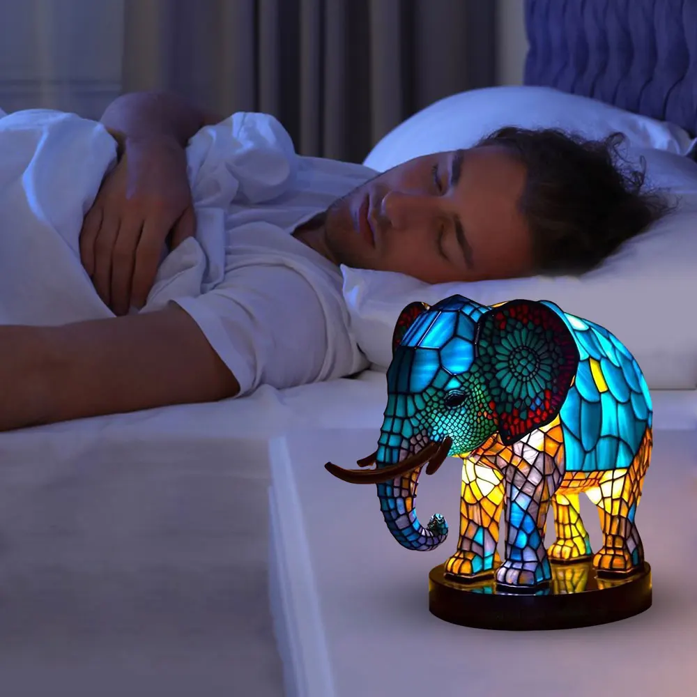 Resin Stained Glass Animal Lamp Dragon Wolf Elephant Table Lamp Desktop Ornament Colorful Night Light Bedside Lamp Home Decor