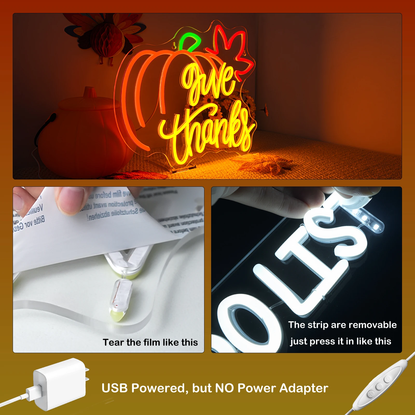 امنح شكرا اليقطين LED النيون لتزيين الحائط USB الطاقة عكس الضوء التبديل لباب جدار الفن نافذة ديكورات المنزل الطرف #4
