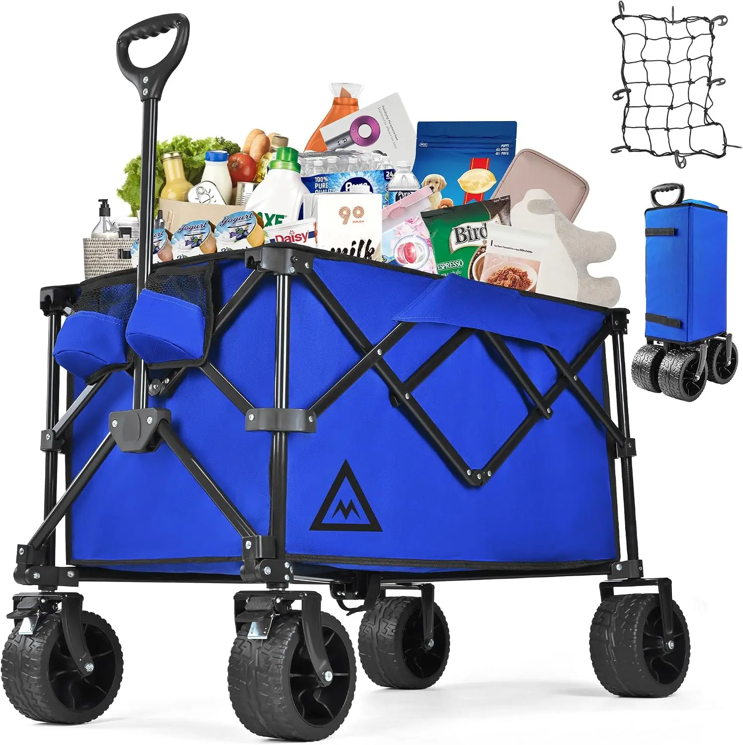 Large Capacity Collapsible Wagon Cart with Wheels for Beach, Garden, Camping, Grocery, All Terrain, Blue