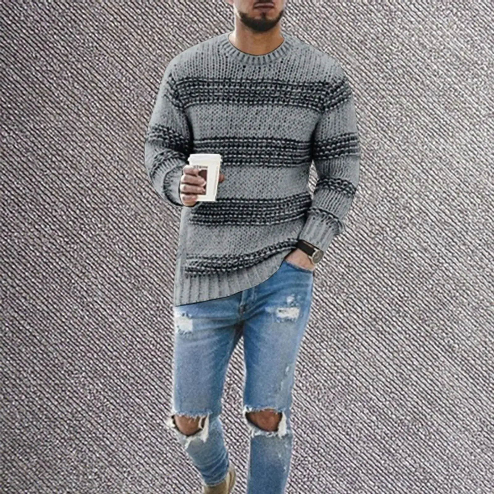 

Мужской вязаный свитер в полоску с круглым вырезом для осени и зимы, прямой крой, молодежный и стильный