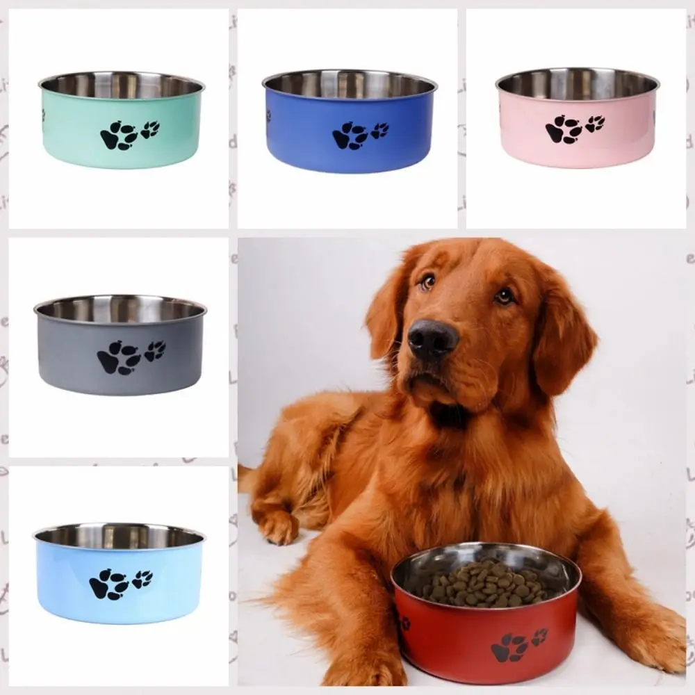 A cartoon footprint pet dog bowl made of stainless steel thickened anti slip bowl for indoor and outdoor use