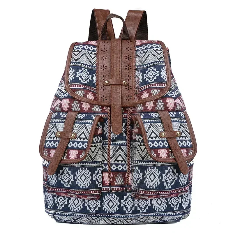 Fashionable Personality Travel Strap Small Backpack School Bag Ethnic Style Pattern Backpack Canvas Women Bag