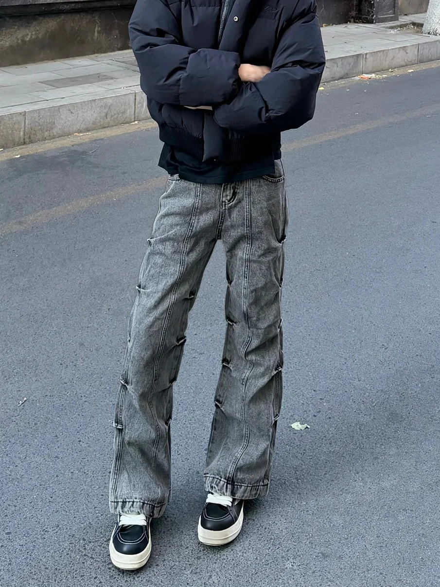 

Retro Washed Grey Denim Pants Men's Wide Leg Micro Flared Jeans American High Street Style Vintage Faded Design Casual Jeans