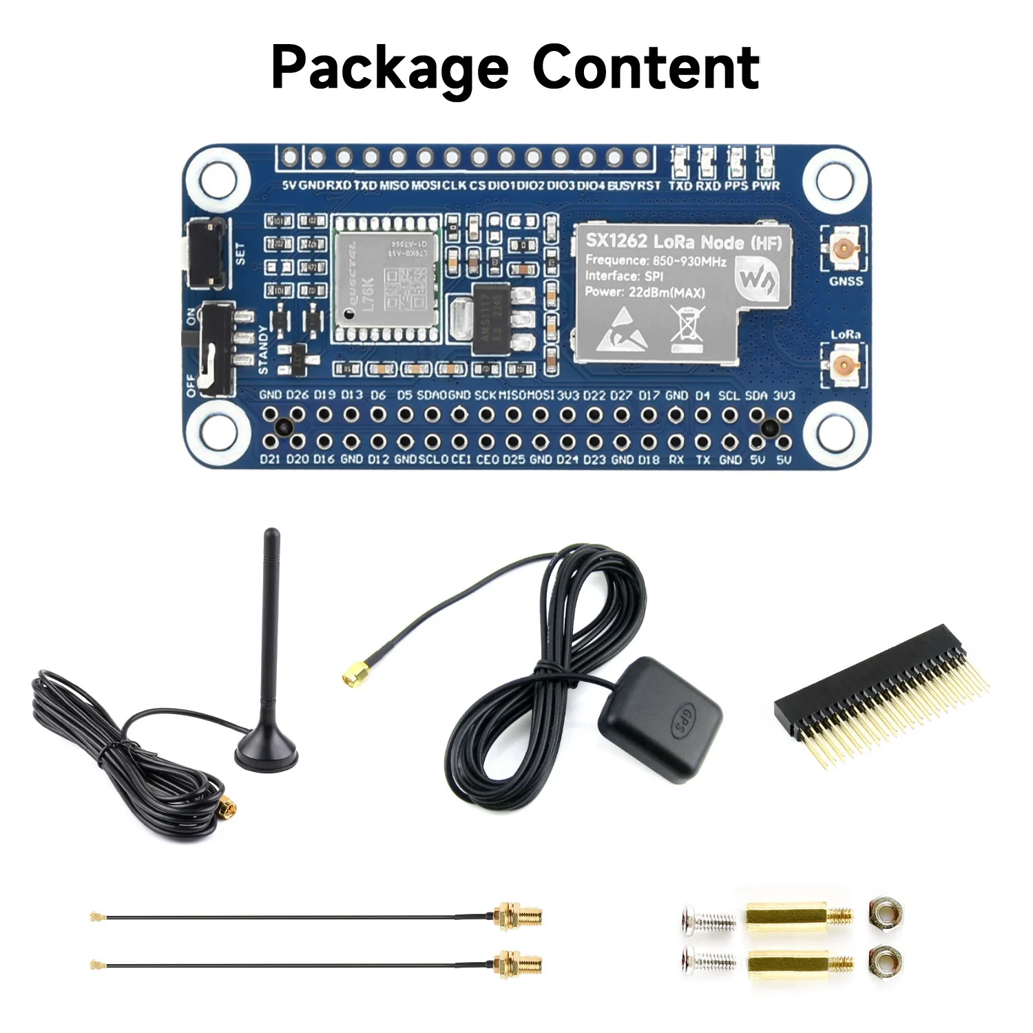 Waveshare SX1262 LoRaWAN Node Module Expansion Board for Raspberry Pi, With Magnetic CB antenna, SPI,40PIN GPIO Header