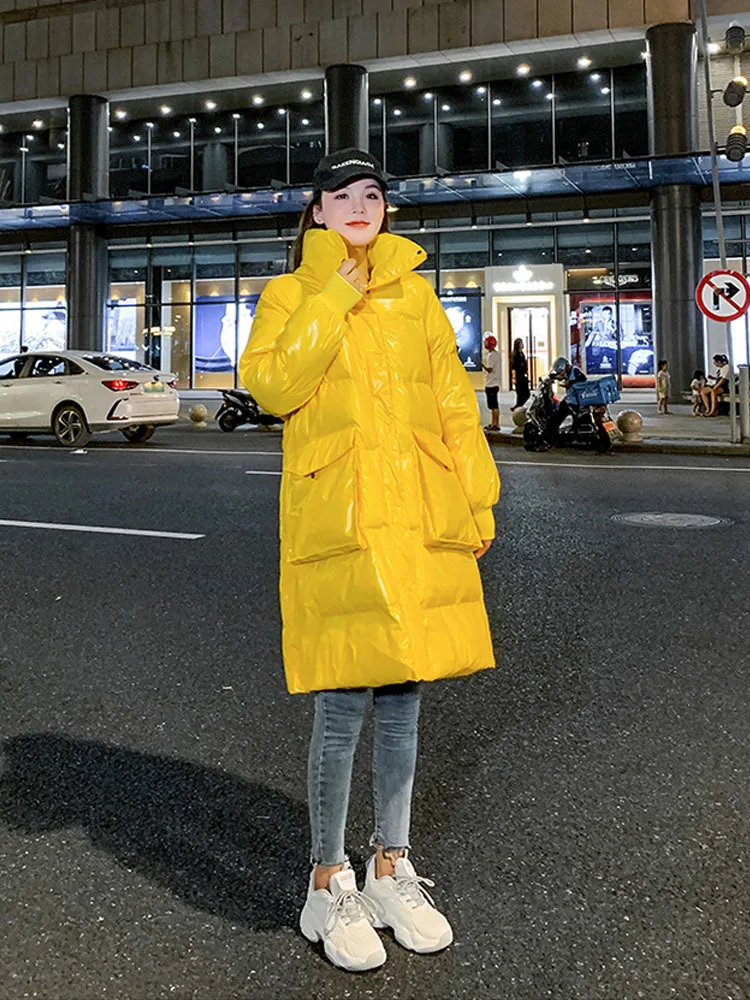 

Glossy Yellow Long Winter Puffer Jacket Women Autumn 2022 Oversized Coats Korean Fashion Streetwear Y2k Loose Padded Parkas