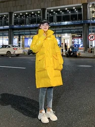 Glossy Yellow Long Winter Puffer Jacket Women Autumn 2022 Oversized Coats Korean Fashion Streetwear Y2k Loose Padded Parkas