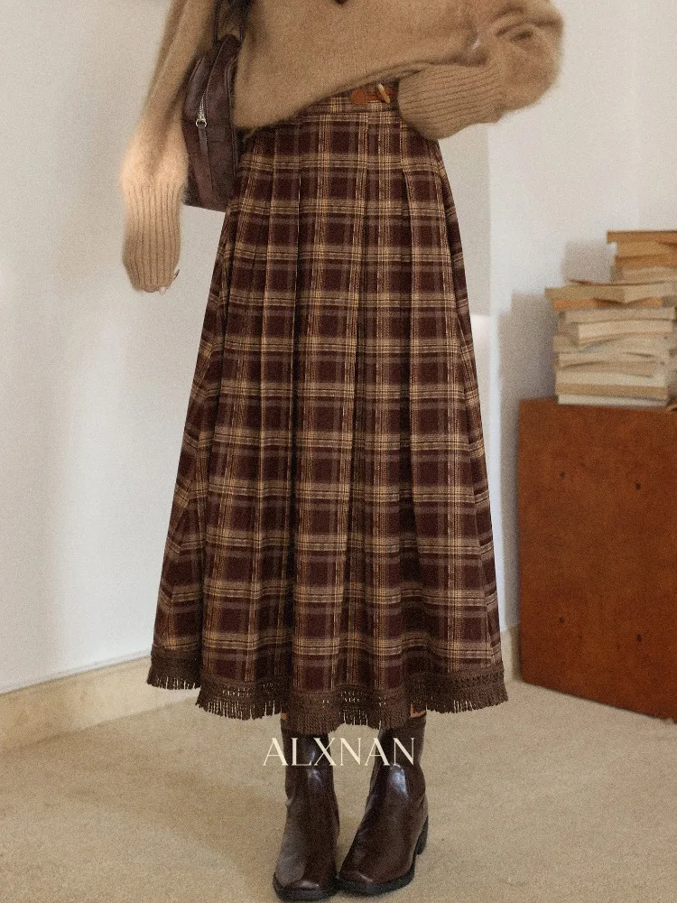 ALXNAN Vintage Plaid A-lijn Lange Rok Vrouwen Hoge Taille Geplooide Tartan Rokken Koreaanse Stijl Herfst Winter Leuke Rok Vrouwelijke L59923