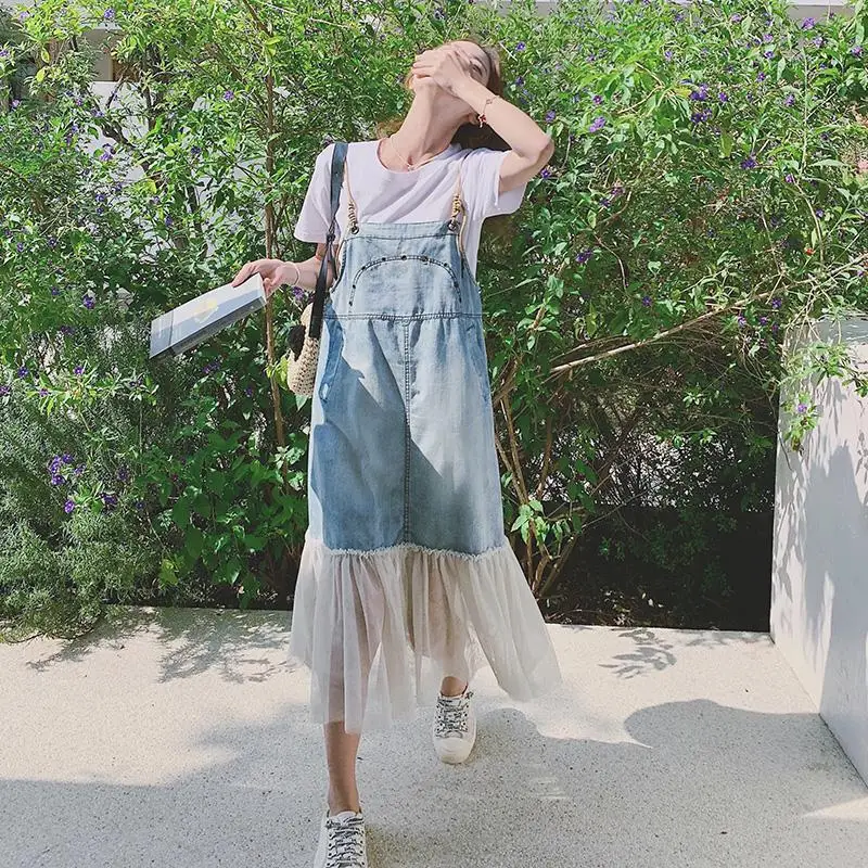 

Korean Style Fashion Denim Splicing Lace Sling Dress Women Summer New College Loose French Cowboy Spaghetti Strap Dresses