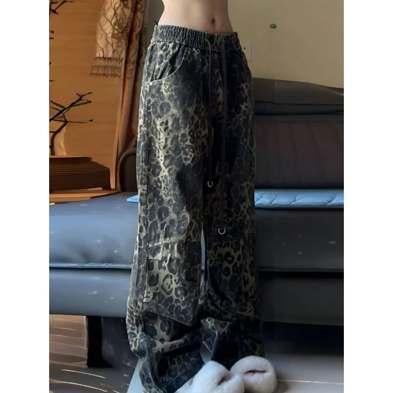 Deeptown Vintage Baggy Leopard Jeans Woman Spring Streetwear Gyaru Harajuku Wide Denim Pants Casual Trashy Y2k Loose Trousers