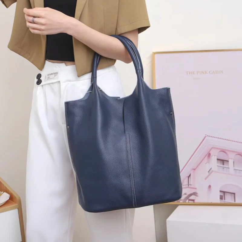 

New Genuine Leather Bucket Bag Ladies Luxury Woman Tote Bag Genuine Cow Leather Shoulder Bag Ladies Handbags Big Shopper Bag
