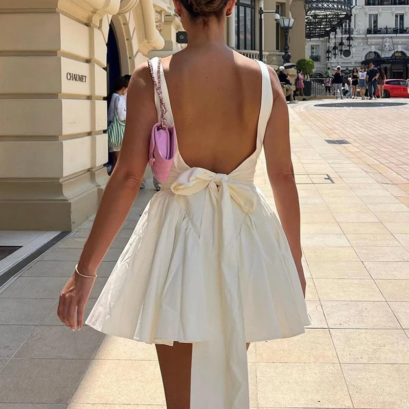 Sweet Casual Women Suspender Dress Lady Square Neck High Waist Pleated Short Dress Summer Bow Tie Up Backless Hollow Party Dress