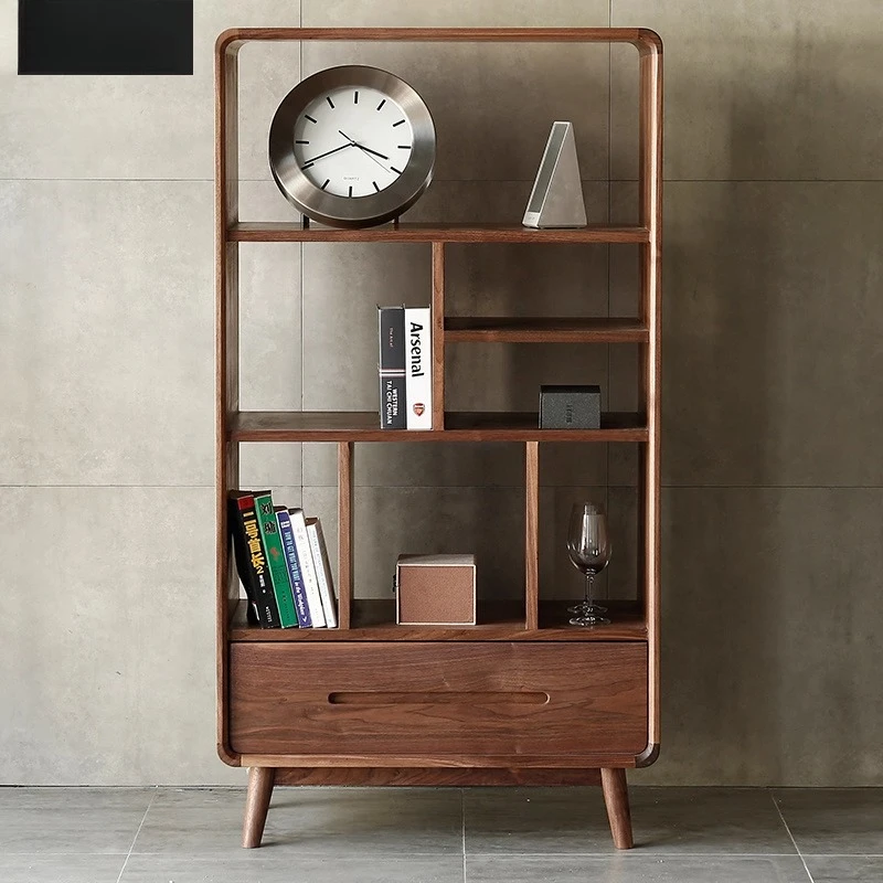 

Black walnut pure solid wood bookshelf Log shelf Storage Nordic magazine cabinet Bookcase