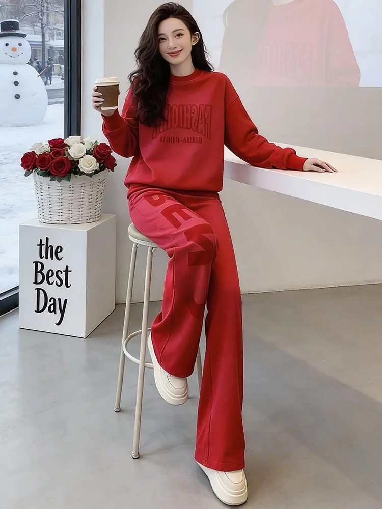 

Fashionable Casual Sportswear Set Women's Red Hoodie Wide Leg Pants Two Piece Set Spring New Style Street Style Comfortable
