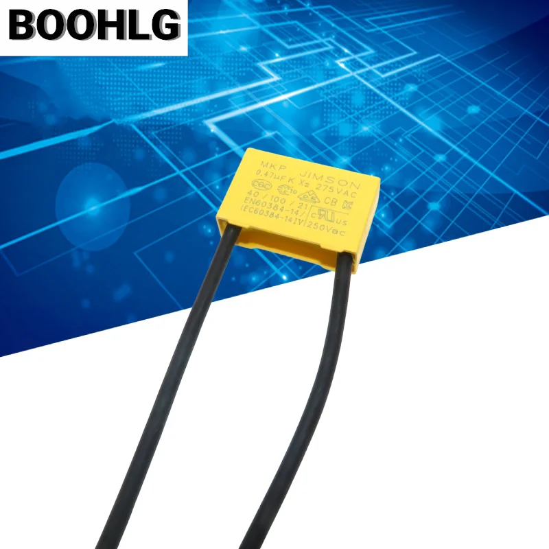 Linha da fita da capacitância da segurança, fio flexível do alojamento, ANÚNCIO K, X2, 250V-275V, 0,1 uF, 0,15 uF, 0,22 uF, 0,33 uF, 0,47 uF, 5 PCes