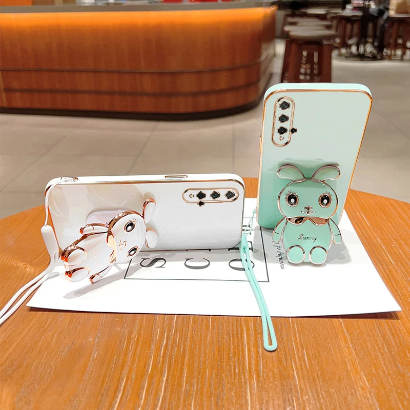 Cute Cartoon Rabbit Fold Stand For Huawei Honor20 Nova 5t Phone Case With Lanyard Luxury Plating Cover