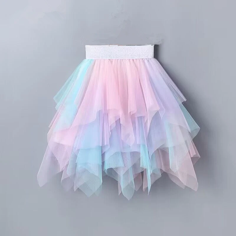 

Girls Tutu Layered Tulle Princess Skirts Kids Rainbow Birthday Party Performance Irregular Dance Skirt Parent-child Gauze Skirt